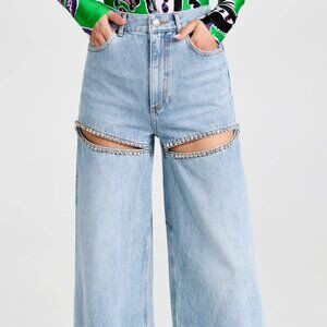 AREA Wide Leg Crystal Slit Jeans  Wide Leg Crystal Slit Jeans